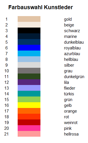 Farbkarte Kunstleder mit 21 nummerierten Farben zur Auswahl